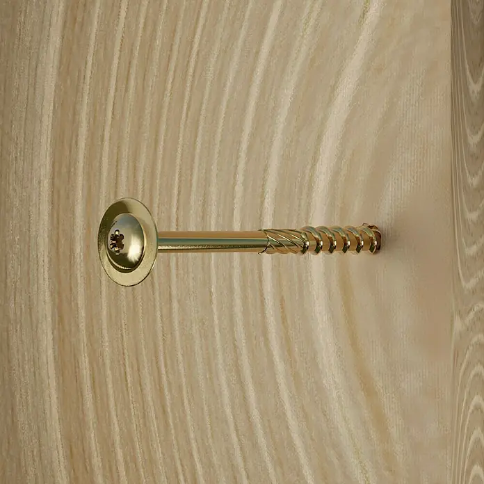 Profi Depot Holzbauschraube TX - Tellerkopf, TX für TORX-Antriebe, 25 Stk., Ø x L: 8 x 200 mm - Nahaufnahme einer goldenen Gardinenstangenhalterung aus Metall, befestigt an einer hellen Holzoberfläche.