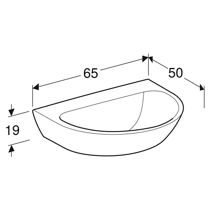 Geberit Renova Waschtisch - 65 x 50 cm, Mit schmutzabweisender Glasur, Hahnloch: Ohne, Ohne Überlauf, Weiß - Abbildung eines Waschbeckens mit Maßangaben, die die Dimensionen des Produkts verdeutlichen. Ein nützliches Detail für Badplanungen.