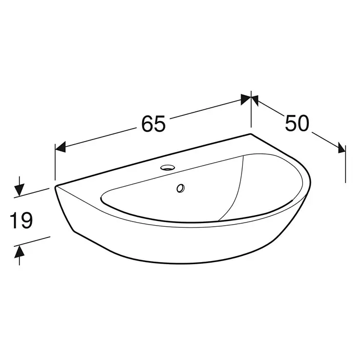 Geberit Renova Waschtisch - 65 x 50 cm, Mit schmutzabweisender Glasur, Hahnloch: Mitte, Mit Überlauf, Weiß - Abbildung eines Waschbeckens mit Abmessungen für technische Zeichnungen.