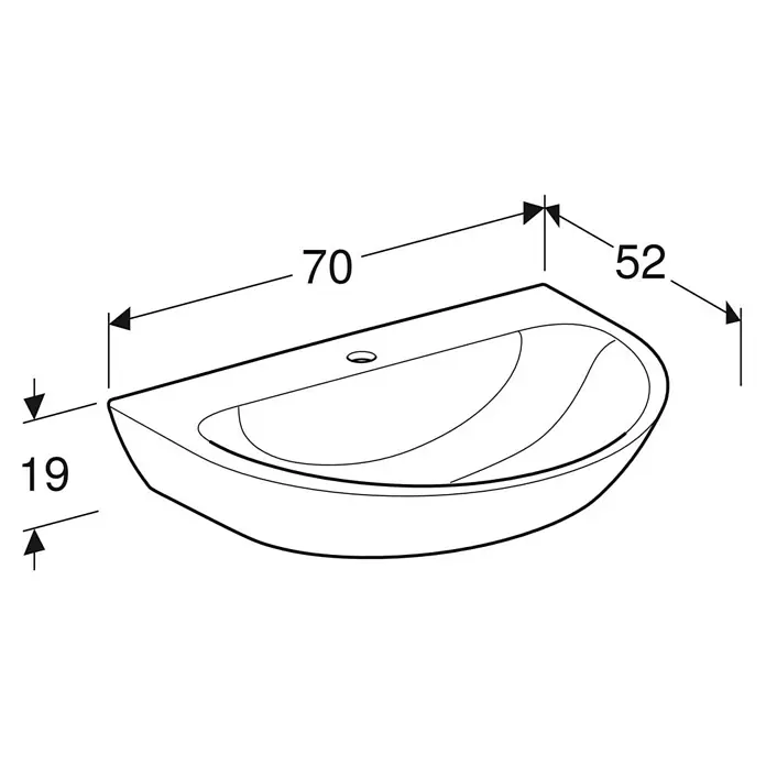 Geberit Renova Waschtisch - 70 x 52 cm, Ohne Spezialglasur, Hahnloch: Mitte, Ohne Überlauf, Weiß - Produktansicht: Eine moderne Waschtisch-Skizze mit den Maßen 70 x 52 x 19 cm, ideal für ein stilvolles Badezimmerdesign.
