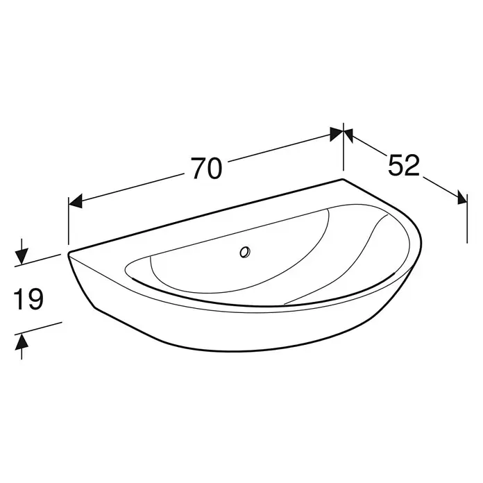 Geberit Renova Waschtisch - 70 x 52 cm, Mit schmutzabweisender Glasur, Hahnloch: Ohne, Mit Überlauf, Weiß - Abbildung eines stilvollen Waschtischs mit präzisen Maßangaben für Design und Installation. Das Waschbecken zeichnet sich durch klare Linien aus.