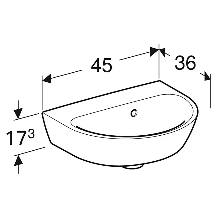 Geberit Renova Waschbecken - B x L: 45 x 36 cm, Ohne Spezialglasur, Hahnloch: Ohne, Mit Überlauf, Weiß - Technische Zeichnung eines Eckwaschbeckens mit Maßangaben. Die Skizze zeigt ein modernes Design für Badezimmer.