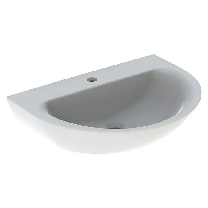 Geberit Renova Waschtisch - 70 x 52 cm, Ohne Spezialglasur, Hahnloch: Mitte, Ohne Überlauf, Weiß - Elegantes, halbrundes Waschbecken in Weiß. Das moderne Design ist ideal für kleinere Badezimmer und Gäste-WCs.