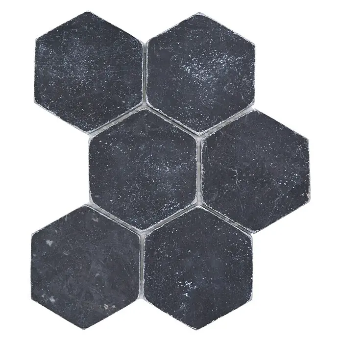 Mosaikfliese Hexagon Nero Antique Marble XNT HX143 - 19,9 x 26,2 cm, Schwarz, Matt - Sechseckige Natursteinfliesen in Anthrazit mit einer leicht strukturierten Oberfläche für stilvolle Wand- und Bodengestaltungen.