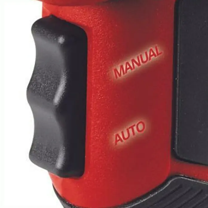 Einhell PXC 18V Compresor de batería CE-CC 18 Li-Solo - 18 V, Sin batería, 11 bar - Primer plano de un dispositivo rojo que incluye un interruptor para seleccionar entre modo manual y automático.