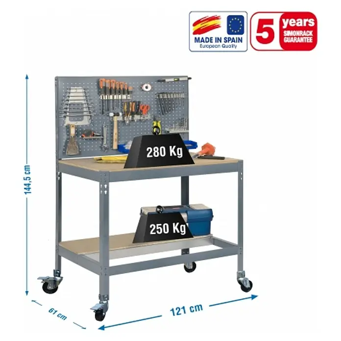 Simonrack Simonwork Banco de trabajo BT2 Mobile - L x An: 61 x 121 cm, Altura de trabajo: 152 cm, Carga soportada: 120 kg, Gris - Imagen de un banco de trabajo móvil con panel perforado y las dimensiones 144,5 cm (alto), 61 cm (profundidad) y 121 cm (ancho).