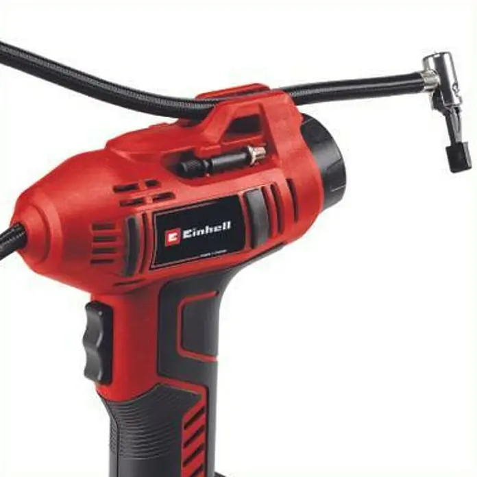 Einhell PXC 18V Compresor de batería CE-CC 18 Li-Solo - 18 V, Sin batería, 11 bar - Un compresor inalámbrico Einhell rojo con una manguera negra. Ideal para inflar neumáticos y otros objetos inflables.
