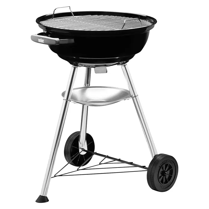 Weber Barbacoa redonda con tapa Compact Kettle - Diámetro de la superficie de la parrilla: 47 cm, Negro - Barbacoa de carbón Weber negra con rejilla cromada, asa práctica y ruedas para facilitar el transporte.
