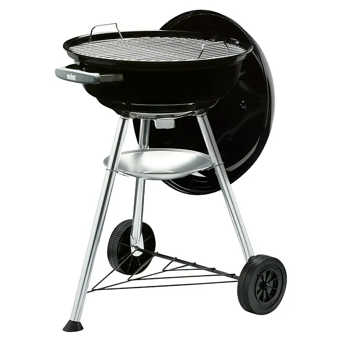 Weber Barbacoa redonda con tapa Compact Kettle 47 + Briquetas - Diámetro de la superficie de la parrilla: 47 cm, Negro/Plateado - Barbacoa de carbón Weber con tapa, rejilla y patas plateadas. Ideal para los amantes de la parrilla que valoran la calidad.
