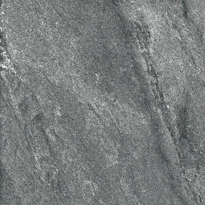 Terrassenfliese Cera 2.0 - 80 x 80 x 2 cm, Quarz Nero, Matt - Nahaufnahme einer grauen Schiefertextur. Die raue, natürliche Oberfläche und das detaillierte Muster des Schiefers sind gut sichtbar.