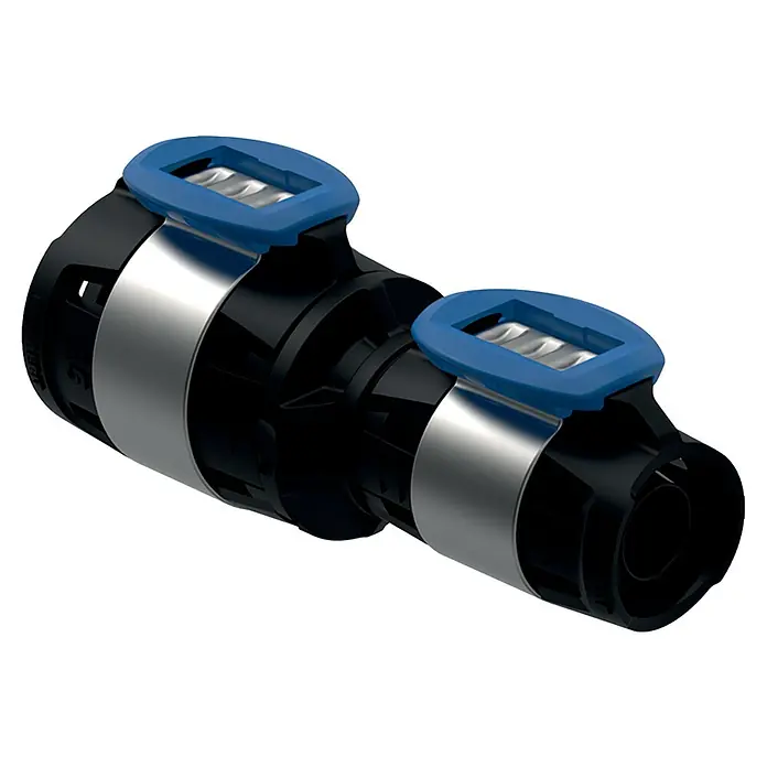 Geberit FlowFit Press-Reduzierkupplung 620.043.00.1 - 32 x 25 mm - Schwarze Kunststoff-Rohrverbindung mit zwei blauen Verriegelungen und silbernen Metallbändern für eine sichere Fixierung.