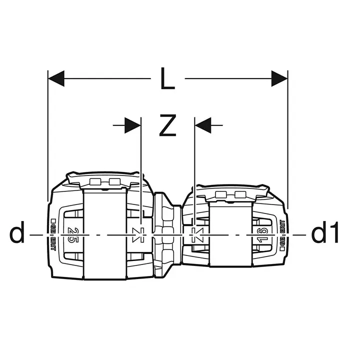 Geberit FlowFit Press-Reduzierkupplung 620.043.00.1 - 32 x 25 mm - Produktabbildung: Geberit Übergangsnippel mit den Maßen L, Z, d und d1 für Sanitärinstallationen.