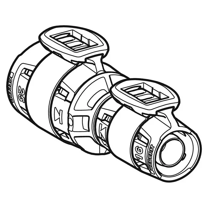 Geberit FlowFit Press-Reduzierkupplung 620.043.00.1 - 32 x 25 mm - Detaillierte Darstellung einer Geberit Rohrverbindung mit Pressverbindern, die für Sanitärinstallationen verwendet wird.