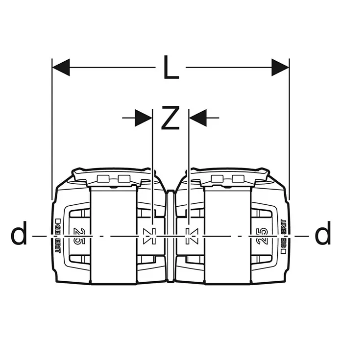 Geberit FlowFit Presskupplung 620.010.00.1 - Durchmesser: 16 mm - Abbildung einer Geberit Mapress Übergangskupplung mit Maßen L, Z und d für Installationsdetails.