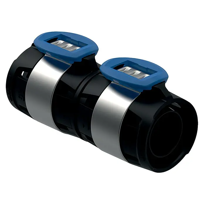 Geberit FlowFit Presskupplung 620.010.00.1 - Durchmesser: 16 mm - Nahaufnahme eines schwarzen Rohrverbinders mit zwei silbernen Spannbändern und blauen Verschlüssen.