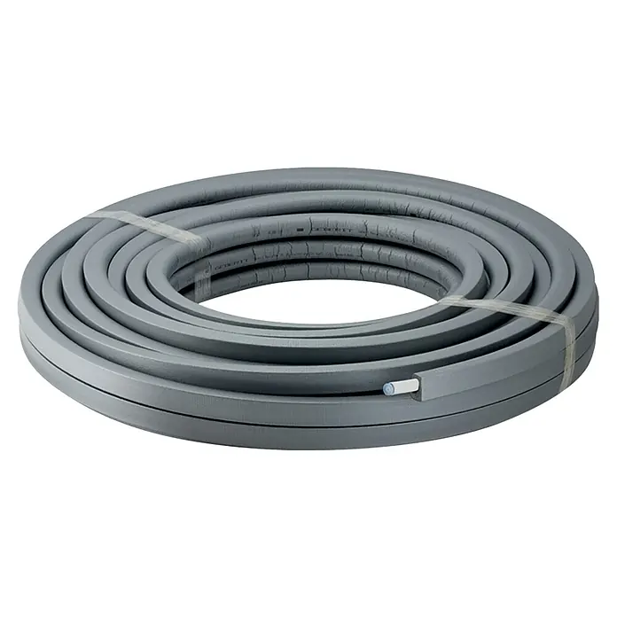 Geberit FlowFit Systemrohr ML 619.181.00.1 - Durchmesser: 20 mm, Länge: 50 m, Grau - Nahaufnahme einer Rolle grauer Dichtungsschnur, die mit einem durchsichtigen Band zusammengehalten wird, ideal für Abdichtungsanwendungen.