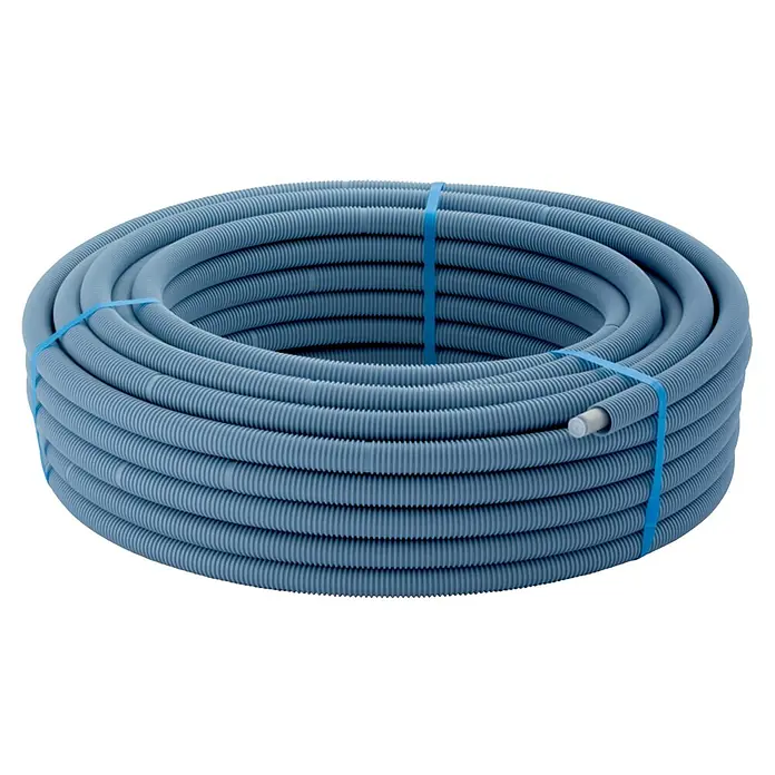 Geberit FlowFit Systemrohr mit Schutzrohr 619.220.00.1 - Durchmesser: 16 mm, Länge: 50 m - Eine Rolle blauer, flexibler Schlauch, zusammengebunden mit hellblauen Bändern. Ideal für den Einsatz in verschiedenen Sanitär- und Bewässerungssystemen.