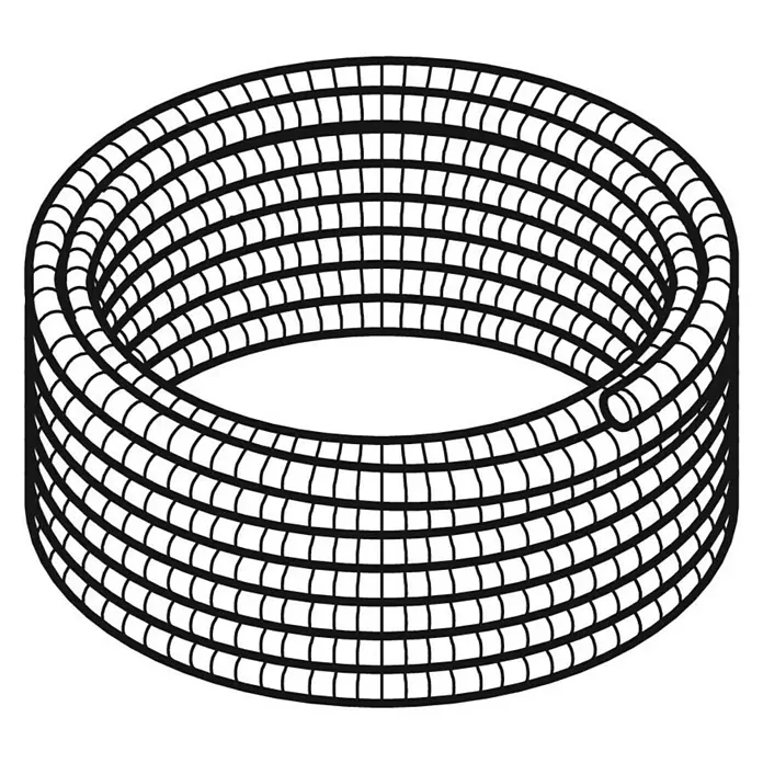 Geberit FlowFit Systemrohr mit Schutzrohr 619.220.00.1 - Durchmesser: 16 mm, Länge: 50 m - Abbildung einer flexiblen, geriffelten Spiralschlauchleitung, die in einer kreisförmigen Form aufgerollt ist und ein sauberes, industrielles Aussehen hat.