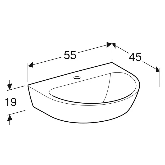 Geberit Renova Waschtisch - 55 x 45 cm, Ohne Spezialglasur, Hahnloch: Mitte, Ohne Überlauf, Weiß - Abbildung eines Waschtischs mit Maßangaben für Breite, Tiefe und Höhe. Technische Zeichnung zur Veranschaulichung der genauen Abmessungen.