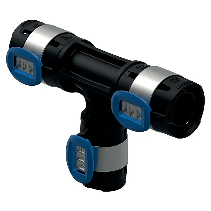 Geberit FlowFit Press-Reduzier-T-Stück 620.142.00.1 - 25 x 25 x 20 mm, Durchmesser: 25 mm - Dreiwegeverbinder mit blauen Durchflussanzeigern. Ideal für Bewässerungssysteme.