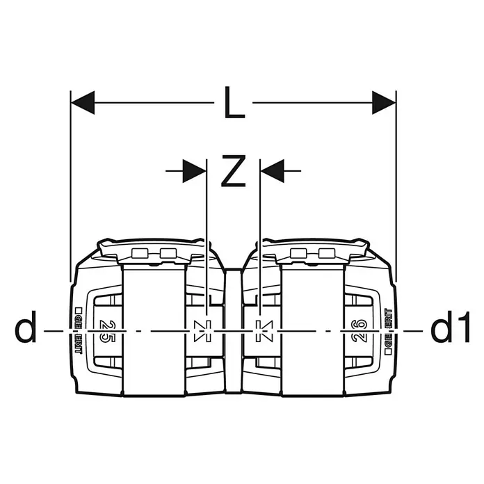Geberit FlowFit Press-Übergangsstück auf Mepla 620.091.00.1 - Durchmesser 1: 20mm (Mepla), Durchmesser 2: 20mm (FlowFit) - Technische Zeichnung von einem Geberit Übergangsnippel mit den Maßen L, Z, d und d1.