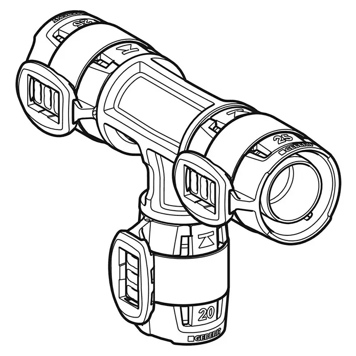 Geberit FlowFit Press-Reduzier-T-Stück 620.142.00.1 - 25 x 25 x 20 mm, Durchmesser: 25 mm - Abbildung eines Geberit Installationsprodukts: T-Stück aus robustem Material, geeignet für professionelle Sanitärinstallationen.