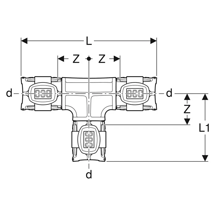 Geberit FlowFit Presswinkel 620.074.00.1 - Durchmesser: 40 mm, 90 ° - Eine technische Zeichnung eines T-förmigen Verbindungsstücks mit den Maßen L, L1, d und Z.
