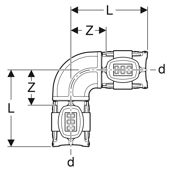 Geberit FlowFit Presswinkel 620.073.00.1 - Durchmesser: 32 mm, 90 ° - Abbildung eines Winkels mit den Maßen Länge (L), Versatz (Z) und Durchmesser (d) zur Veranschaulichung der Produktabmessungen.