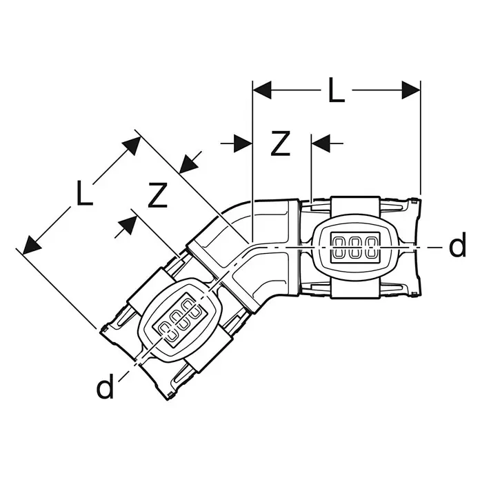 Geberit FlowFit Presswinkel 620.062.00.1 - Durchmesser: 25 mm, 45 ° - Abbildung eines Eckstücks mit Maßangaben für Länge und Tiefe, technische Zeichnung zur Veranschaulichung der Produktabmessungen.