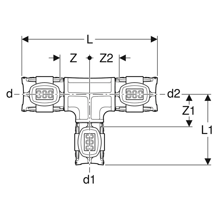 Geberit FlowFit Press-Reduzier-T-Stück 620.101.00.1 - 20 x 16 x 16 mm, Durchmesser: 16 mm - Eine detaillierte technische Zeichnung eines T-förmigen Rohrverbindungsstücks mit Maßangaben.