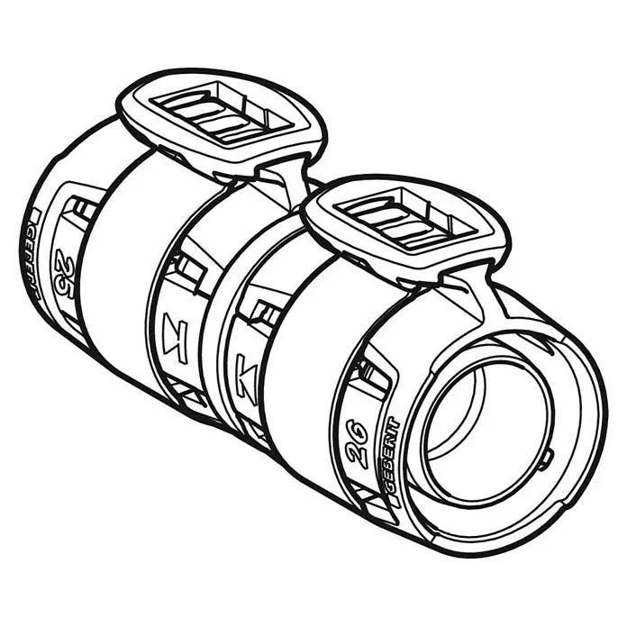 Geberit FlowFit Press-Übergangsstück auf Mepla 620.091.00.1 - Durchmesser 1: 20mm (Mepla), Durchmesser 2: 20mm (FlowFit) - Abbildung einer Geberit Rohrverbindungsschelle, ein nützliches Werkzeug für Sanitärinstallationen, das zuverlässige Verbindungen gewährleistet.