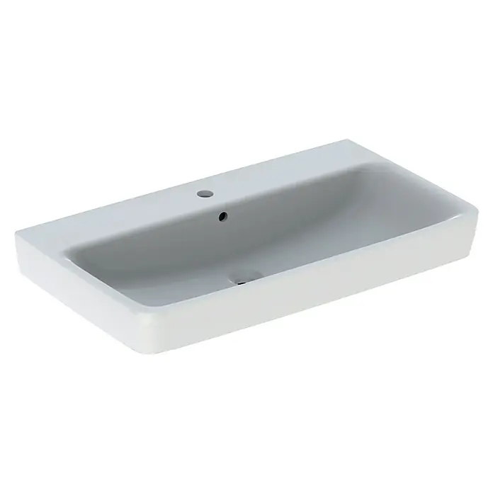 Geberit Renova Plan Aufsatzwaschbecken - 85 x 48 cm, Mit schmutzabweisender Glasur, Hahnloch: Mitte, Mit Überlauf, Weiß - Elegantes, rechteckiges Waschbecken in Weiß. Das Keramikbecken besticht durch sein minimalistisches Design und die glatte, pflegeleichte Oberfläche.