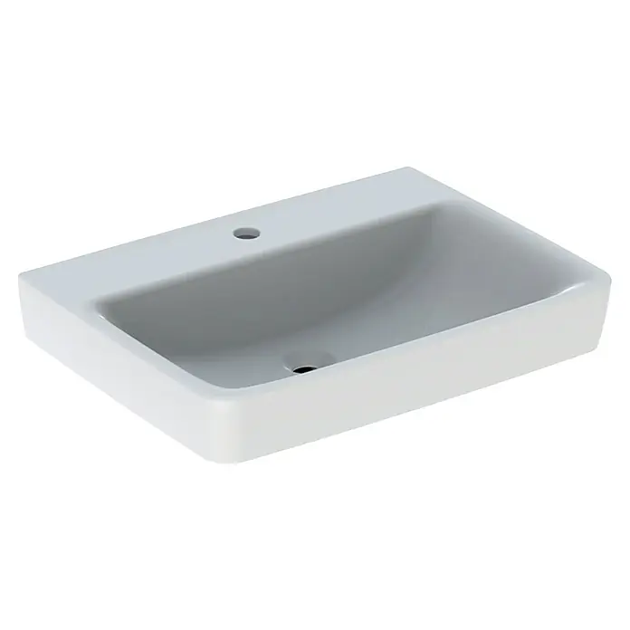 Geberit Renova Plan Waschtisch65 x 48 cm, Mit schmutzabweisender Glasur, Hahnloch: Mitte, Ohne Überlauf, Weiß - Nahaufnahme eines modernen, rechteckigen, weißen Keramikwaschbeckens mit einem Hahnloch und einem Ablauf.