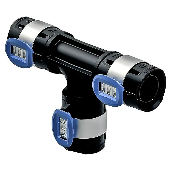 Geberit FlowFit Press-T-Stück 620.081.00.1 - Durchmesser: 20 mm - Das T-Stück-Rohrverbinder-Produkt aus Kunststoff mit blauen Sicherheitsverriegelungen und silbernen Metallklammern ist ein zuverlässiges Verbindungselement.