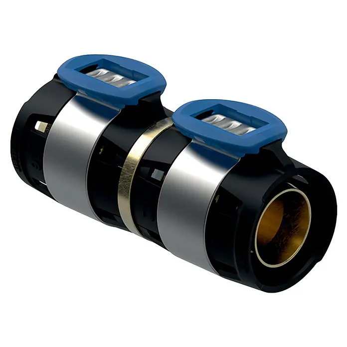Geberit FlowFit Press-Übergangsstück auf Mepla 620.091.00.1 - Durchmesser 1: 20mm (Mepla), Durchmesser 2: 20mm (FlowFit) - Nahaufnahme eines Viega Smartpress Übergangsnippels aus schwarzem Kunststoff, der mit silbernen und goldenen Metallelementen verbunden ist.