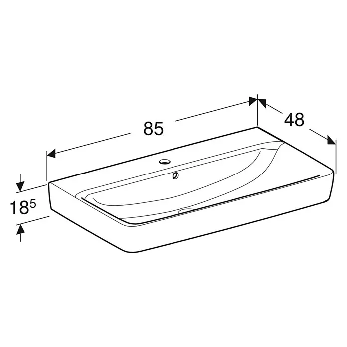 Geberit Renova Plan Waschtisch - 85 x 48 cm, Mit schmutzabweisender Glasur, Hahnloch: Mitte, Mit Überlauf, Weiß - Abbildung eines Waschtisches mit den Maßen 85 cm Breite, 48 cm Tiefe und 18,5 cm Höhe, dargestellt in einer technischen Zeichnung.