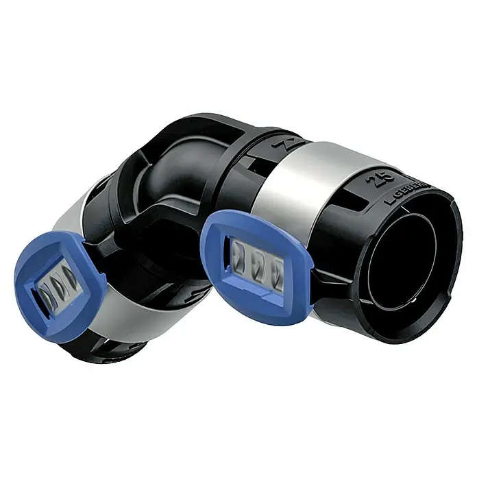 Geberit FlowFit Presswinkel 620.062.00.1 - Durchmesser: 25 mm, 45 ° - Abgewinkelter Geberit Mapress Fitting aus schwarzem Kunststoff mit silberner Manschette und blauen Indikatoren für Rohrsysteme.
