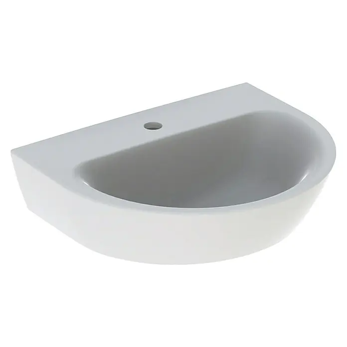 Geberit Renova Waschtisch - 55 x 45 cm, Ohne Spezialglasur, Hahnloch: Mitte, Ohne Überlauf, Weiß - Nahaufnahme eines modernen, halbrunden, weißen Waschbeckens mit einem Hahnloch in einem Badezimmer.