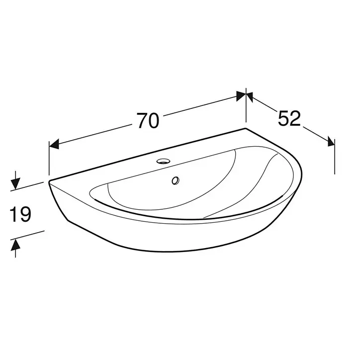 Geberit Renova Waschtisch - 70 x 52 cm, Ohne Spezialglasur, Hahnloch: Mitte, Mit Überlauf, Weiß - Abbildung eines Waschbeckens mit Maßangaben. Das Waschbecken ist weiß und hat eine halbrunde Form.