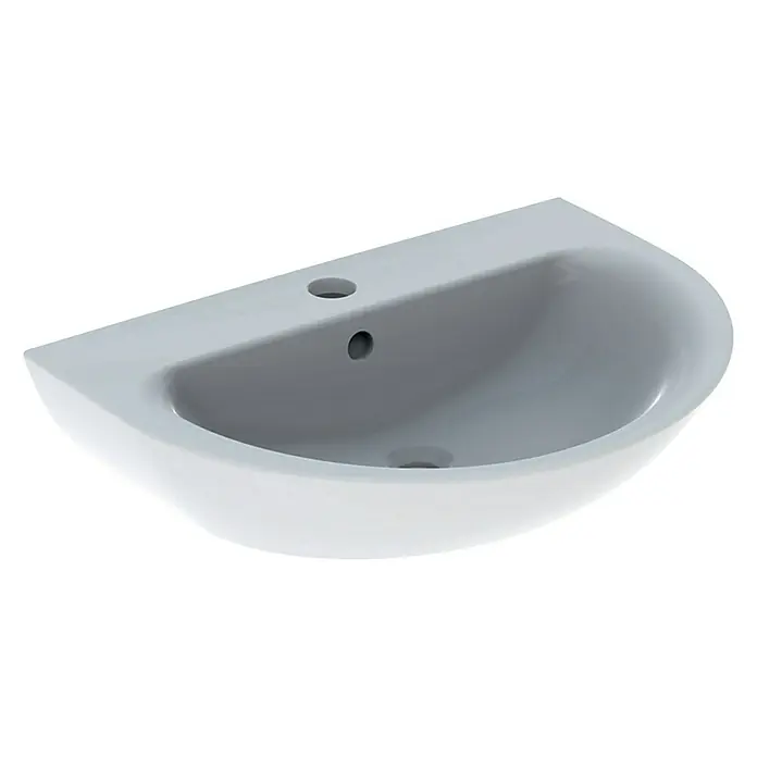 Geberit Renova Waschtisch70 x 52 cm, Ohne Spezialglasur, Hahnloch: Mitte, Mit Überlauf, Weiß - Hänge-Waschtisch in Weiß, halbrunde Form mit Hahnloch und Überlauf. Elegantes Design für moderne Badezimmer.