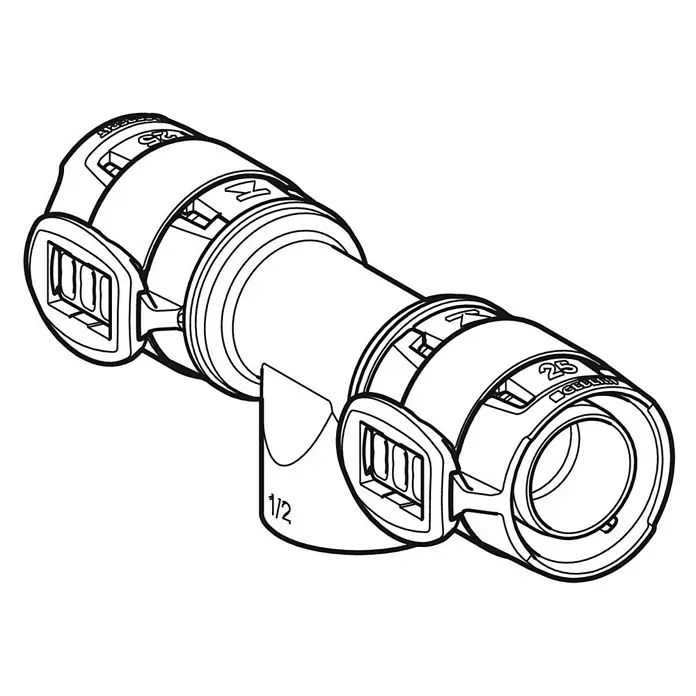 Geberit FlowFit Press-T-Stück 620.152.00.1 - Innengewinde: ½″, 25 x 25 mm - Abbildung eines Cellfast-Winkelstücks 25 x 1/2", ein vielseitiges Verbindungsstück für verschiedene Rohrleitungsanwendungen.