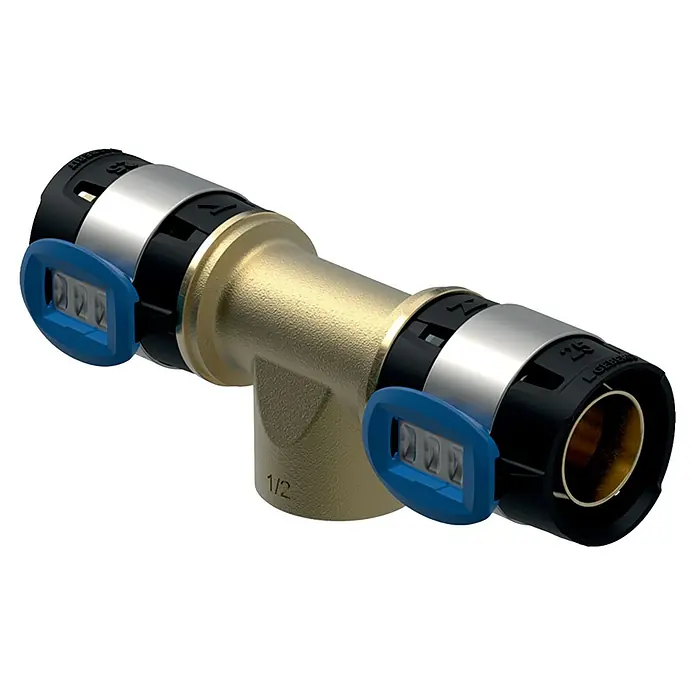 Geberit FlowFit Press-T-Stück 620.152.00.1 - Innengewinde: ½″, 25 x 25 mm - Ein detailliertes Bild eines Geberit Mapress Übergangs, ein hochwertiges Installationsprodukt mit blauen Anzeigen und verschiedenen Materialkomponenten.