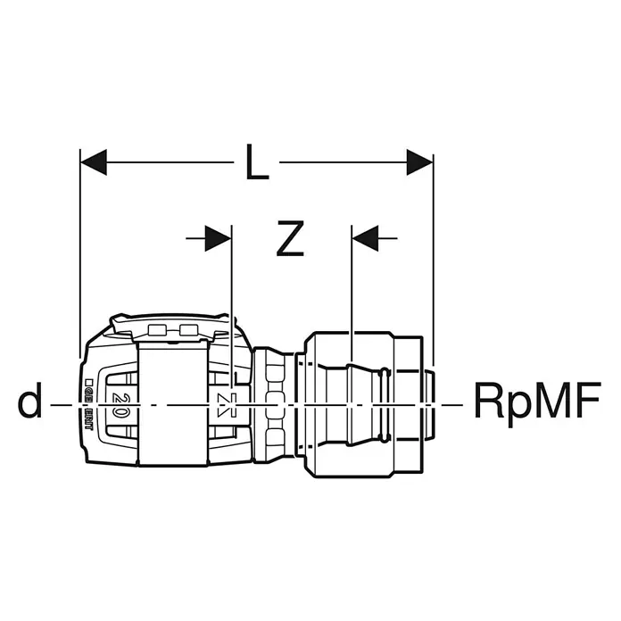 Geberit FlowFit Press-Übergangsstück mit Masterfix 620.290.00.1 - Durchmesser: 16 x 20 mm - Produktabbildung mit den Maßen L, Z, d und RpMF für technische Zeichnungen. Übersichtliche Darstellung der Produktabmessungen.