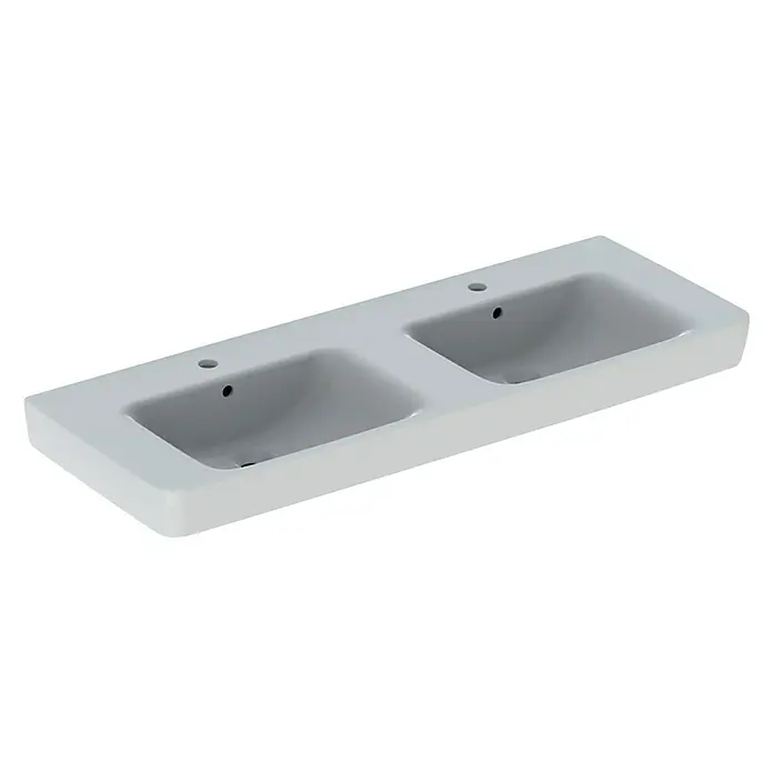 Geberit Renova Plan Doppelwaschtisch130 x 48 cm, Ohne Spezialglasur, Mit Hahnloch/Mit Überlauf, Weiß