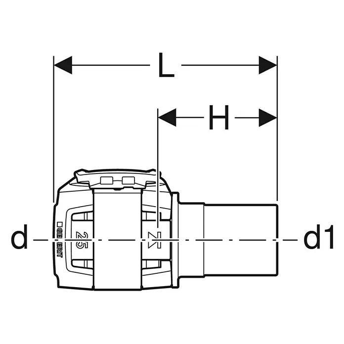 Geberit FlowFit Press-Übergangsstück mit Einschubende 620.231.00.1 - Passend für: Verbundrohre 20 mm, 20 x 25 mm - Abbildung eines Eckverbinders mit Maßangaben, inklusive Länge (L), Höhe (H) und Durchmesser (d, d1) zur detaillierten Produktansicht.