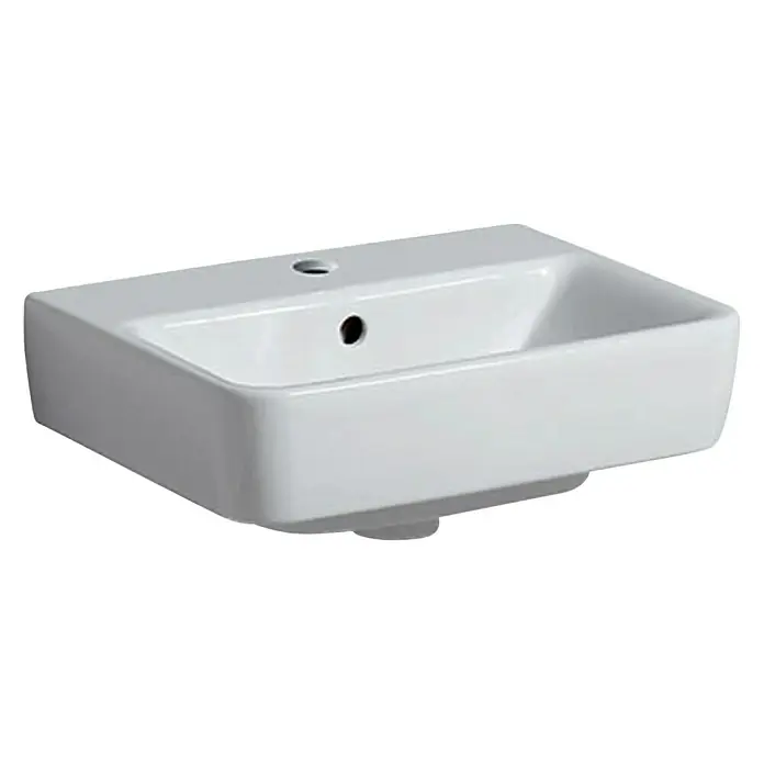 Geberit Renova Plan Waschbecken - 45 x 34 cm, Mit schmutzabweisender Glasur, Hahnloch: Mitte, Mit Überlauf, Weiß - Ein weißes Keramikwaschbecken mit einem runden Abflussloch und einem Überlaufloch, das an der Wand montiert ist.