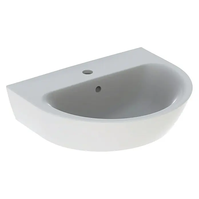 Geberit Renova Waschtisch - 55 x 45 cm, Ohne Spezialglasur, Hahnloch: Mitte, Mit Überlauf, Weiß - Nahaufnahme eines stilvollen, weißen Keramikwaschbeckens mit klaren Linien und moderner Formgebung für das Badezimmer.