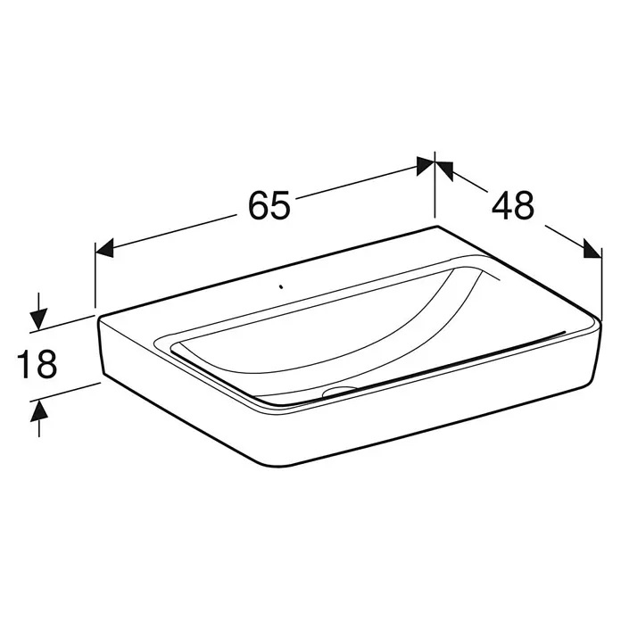 Geberit Renova Plan Waschtisch - 65 x 48 cm, Mit schmutzabweisender Glasur, Hahnloch: Ohne, Ohne Überlauf, Weiß - Abbildung eines Waschbeckens mit den Maßen 65 cm Breite, 48 cm Tiefe und 18 cm Höhe.