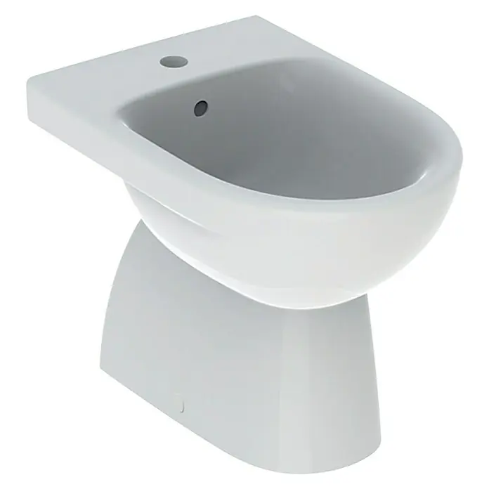 Geberit Renova Stand-Bidet - 35 x 52 cm, Weiß, Keramik, Ohne Spezialglasur - Das Bild zeigt ein weißes Standbidet mit modernem Design, ideal für stilvolle Badezimmer. Hochwertige Keramik sorgt für Langlebigkeit.