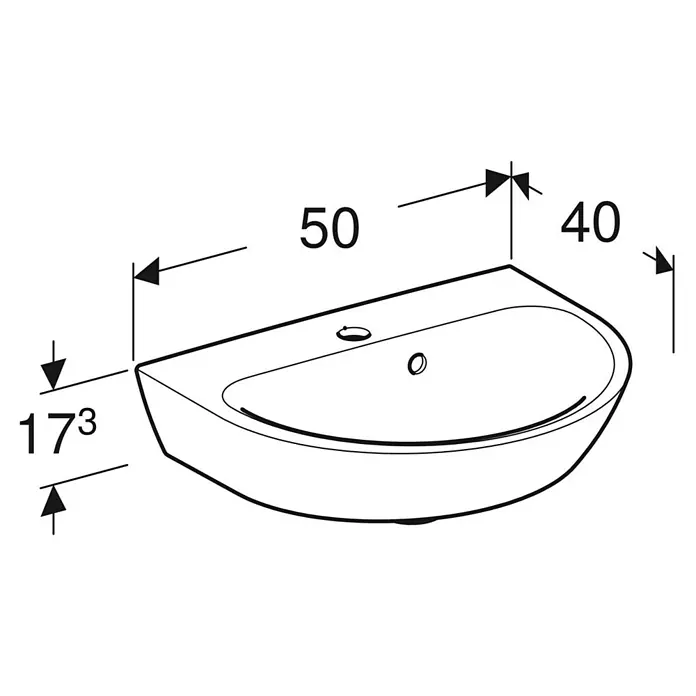 Geberit Renova Waschbecken - 50 x 40 cm, Ohne Spezialglasur, Hahnloch: Mitte, Mit Überlauf, Weiß - Bild einer Waschtisch-Zeichnung mit Maßangaben. Das Waschbecken ist halbrunder Form und die Maße sind 50, 40 und 173.